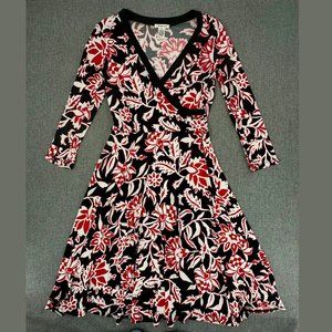 Harold's‎ A-line Floral Dress Small Long Sleeve V-Neck Red Black Stretch